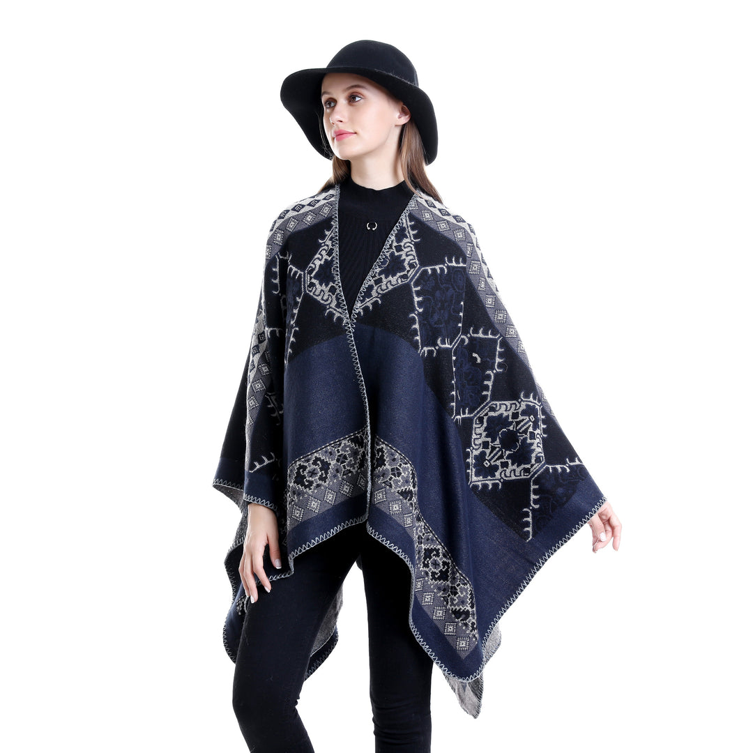 Damen Oversize-Ruana-Poncho aus Jacquardgewebe mit asymmetrischem Zipfelrand und ornamentaler Bordüre Drune