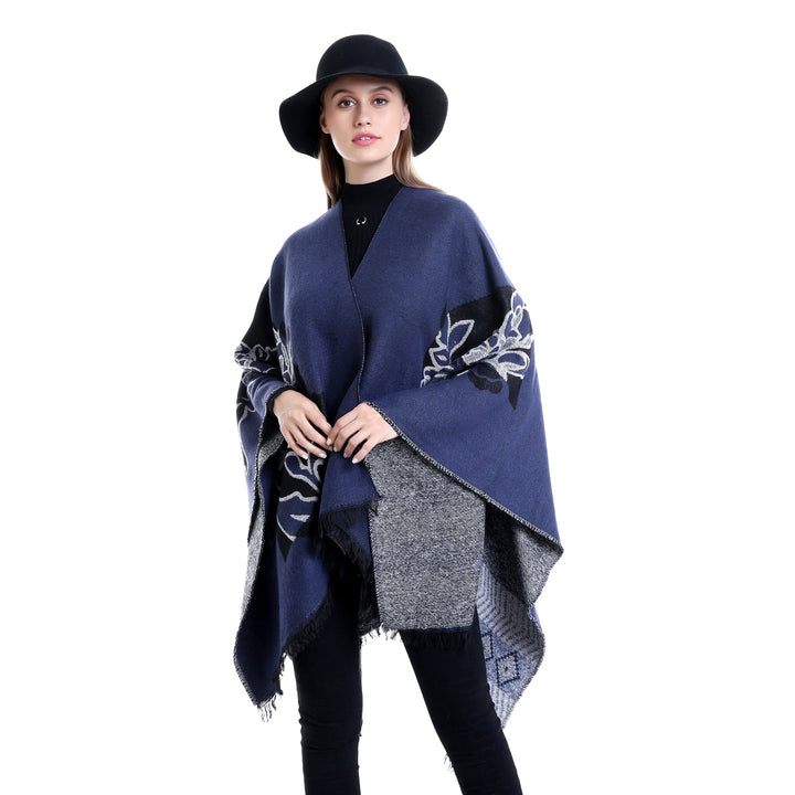 Damen Jacquard‑Ruana mit floralem Motiv, doppellagig und Fransensaum Drune