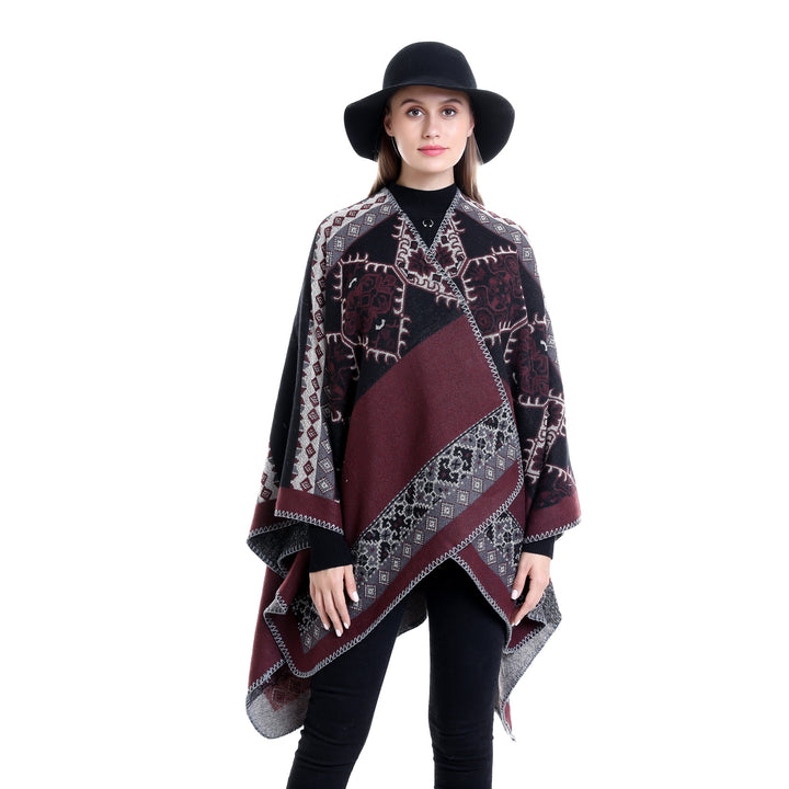 Damen Oversize-Ruana-Poncho aus Jacquardgewebe mit asymmetrischem Zipfelrand und ornamentaler Bordüre Drune