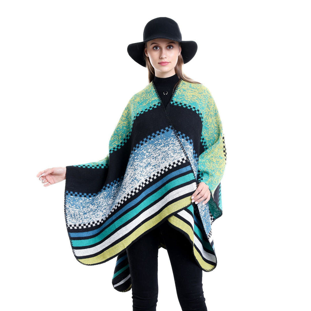 Damen Jacquard-Ruana Poncho im Oversize mit grafischem Streifen- und Ornamentmuster Drune