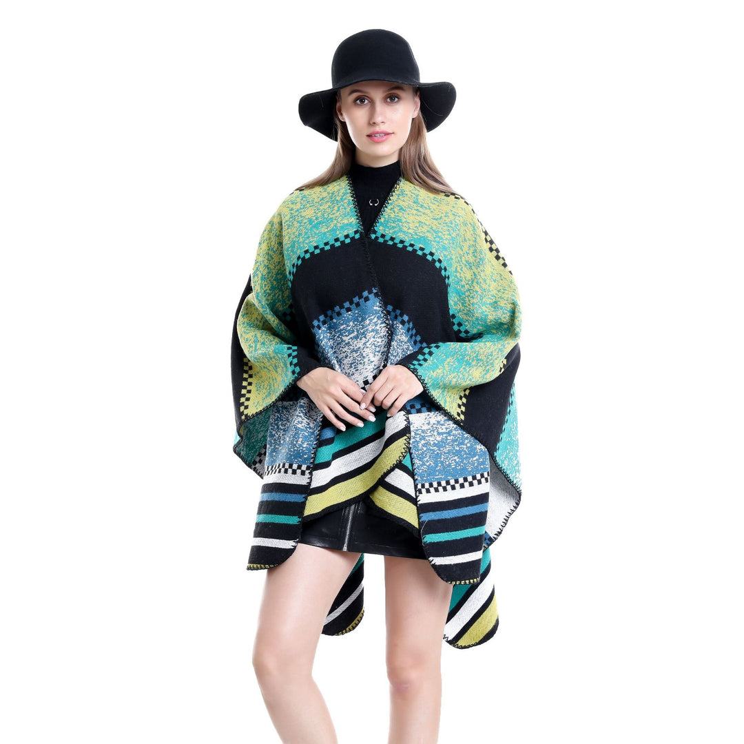 Damen Jacquard-Ruana Poncho im Oversize mit grafischem Streifen- und Ornamentmuster Drune