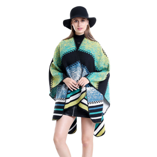 Damen Jacquard-Ruana Poncho im Oversize mit grafischem Streifen- und Ornamentmuster Drune