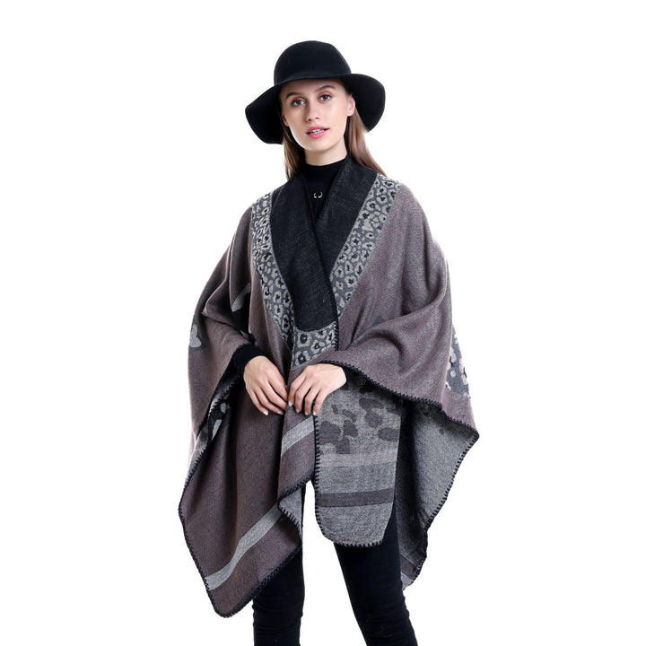 Damen Jacquard-Wollmix Ruana-Poncho mit V-Ausschnitt und Ziernaht Drune