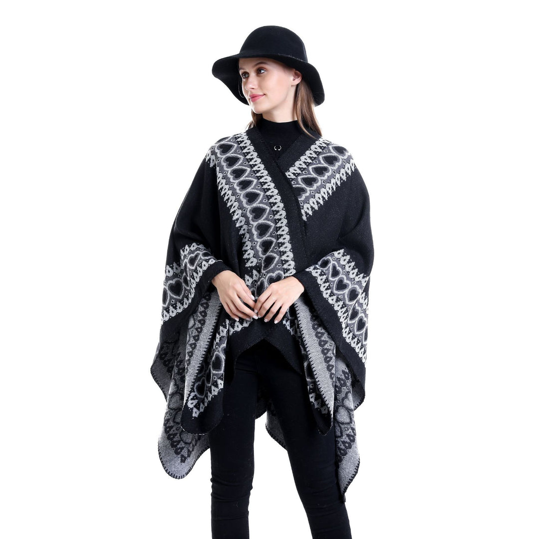 Damen Ruana im Kaschmir‑Touch mit Herz‑Jacquard und offenem V‑Fall Drune
