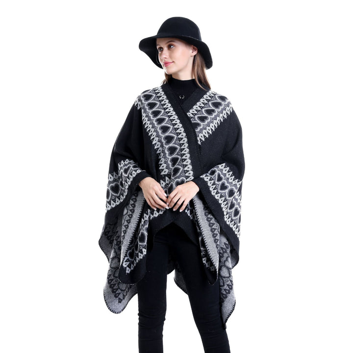 Damen Ruana im Kaschmir‑Touch mit Herz‑Jacquard und offenem V‑Fall Drune