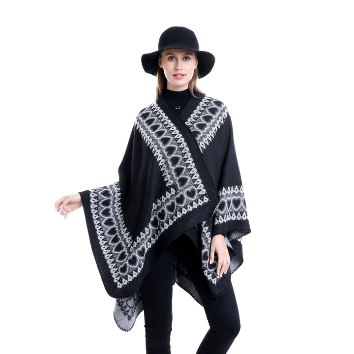 Damen Ruana im Kaschmir‑Touch mit Herz‑Jacquard und offenem V‑Fall Drune