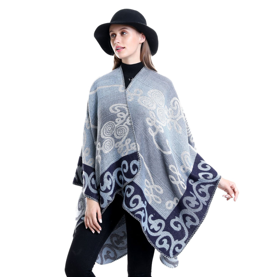 Damen Jacquard‑Ruana‑Poncho aus Wollmix mit asymmetrischem Zipfelsaum Drune