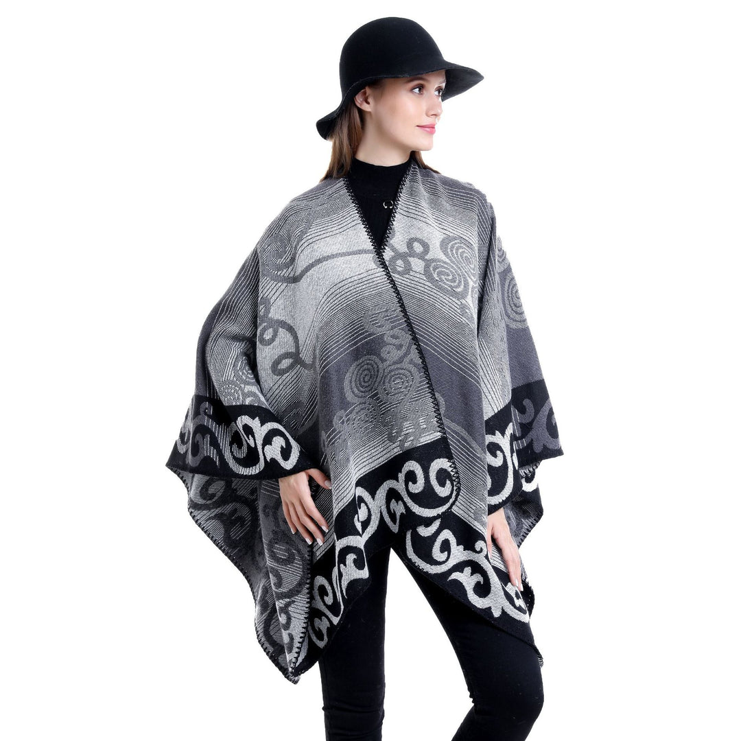 Damen Jacquard‑Ruana‑Poncho aus Wollmix mit asymmetrischem Zipfelsaum Drune