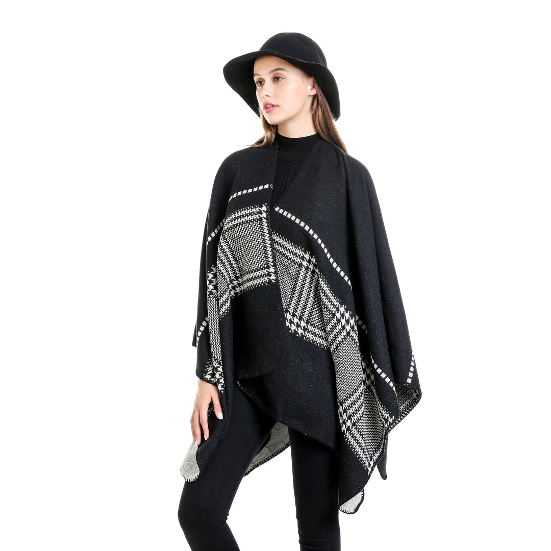 Damen Jacquard-Wollmix-Ruana mit offenem Kimono-Fall und dekorativer Kettelnaht Drune
