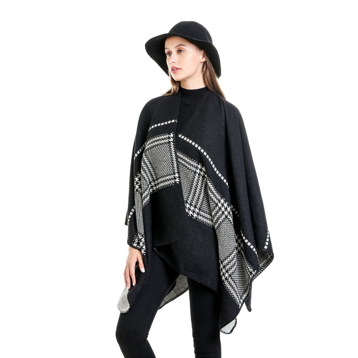 Damen Jacquard-Wollmix-Ruana mit offenem Kimono-Fall und dekorativer Kettelnaht Drune