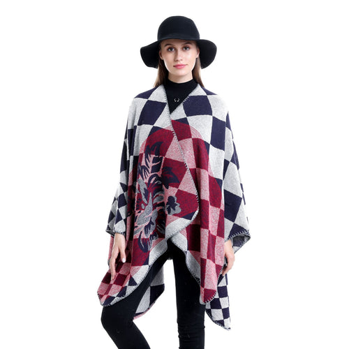 Damen Oversize-Ruana im Jacquard mit Karomuster und floralem Allover Drune