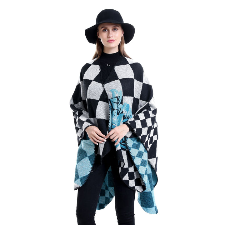 Damen Oversize-Ruana im Jacquard mit Karomuster und floralem Allover Drune