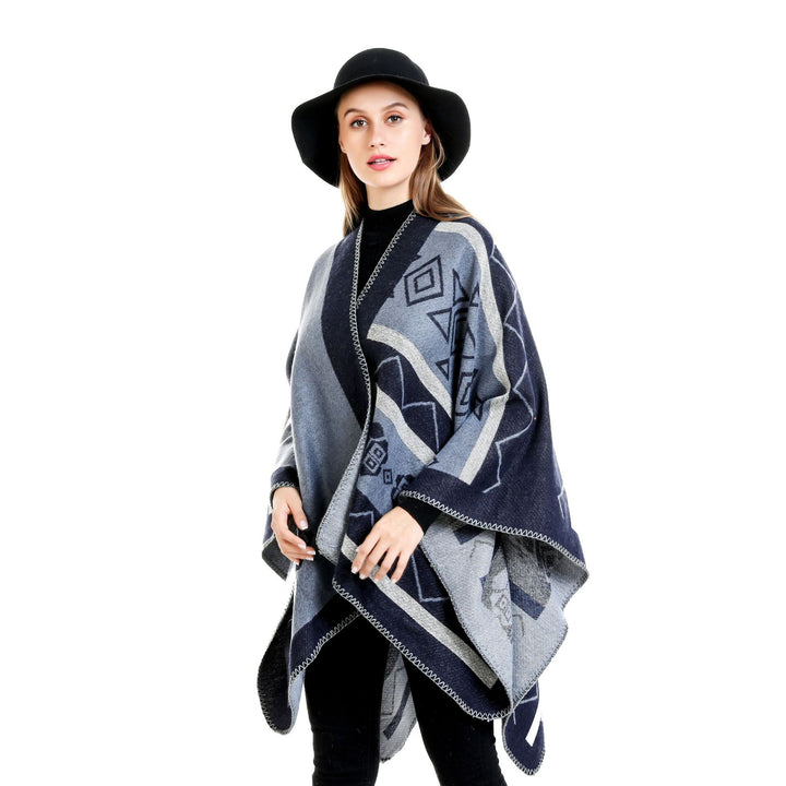 Damen Leichter Ruana-Überwurf mit geometrischem Jacquard und Zipfelsaum Drune