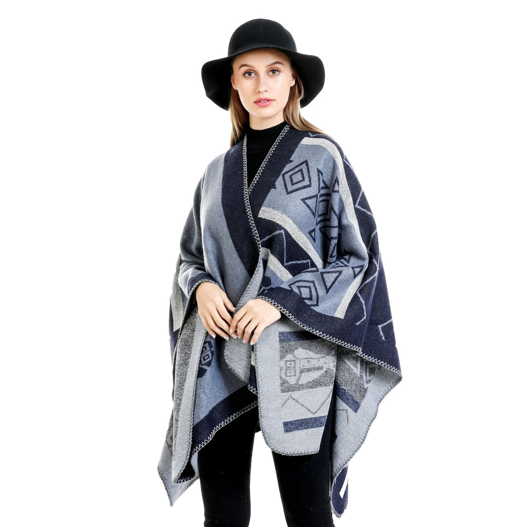 Damen Leichter Ruana-Überwurf mit geometrischem Jacquard und Zipfelsaum Drune