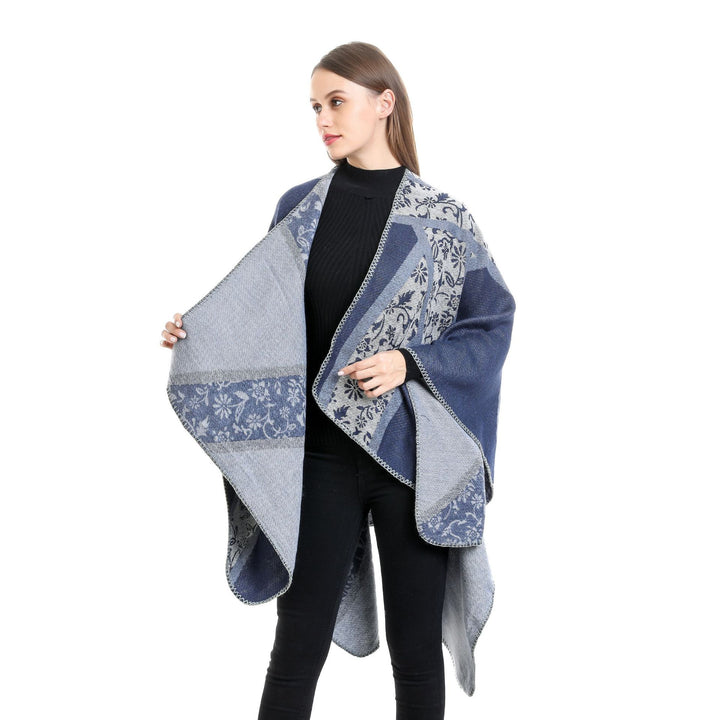 Damen Jacquard-Umhangponcho mit floraler Intarsie und offener Ruana-Silhouette Drune