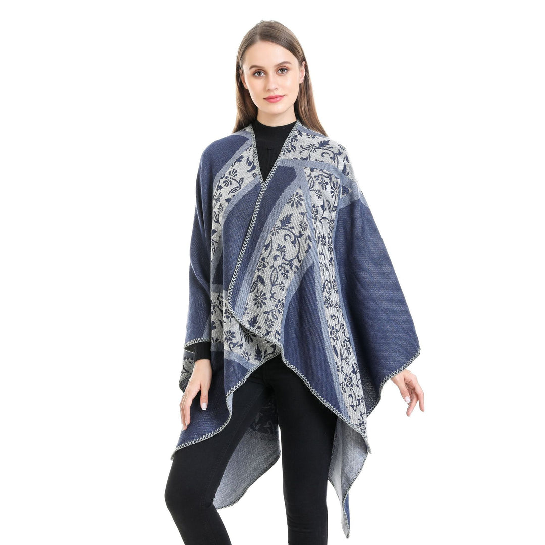 Damen Jacquard-Umhangponcho mit floraler Intarsie und offener Ruana-Silhouette Drune