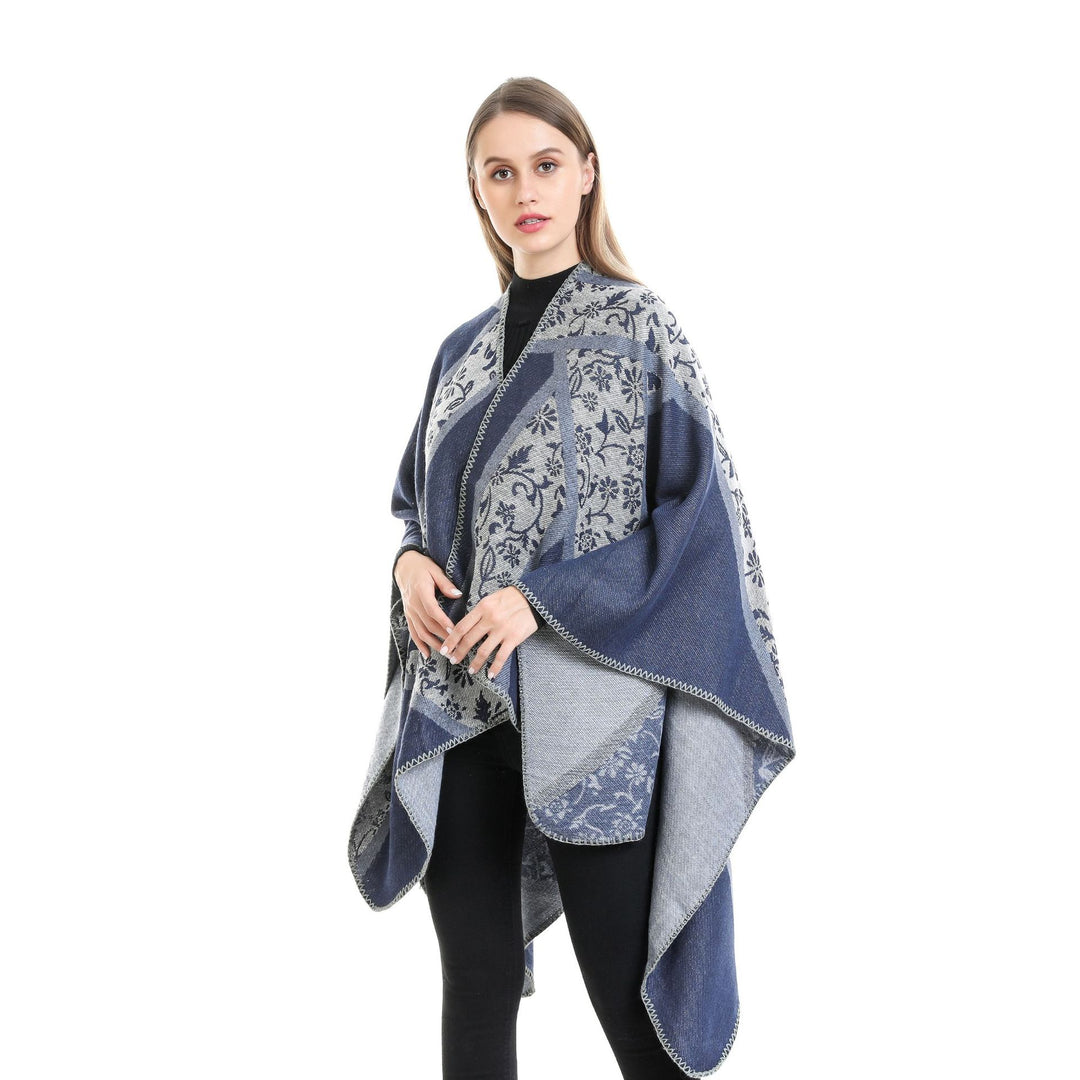 Damen Jacquard-Umhangponcho mit floraler Intarsie und offener Ruana-Silhouette Drune