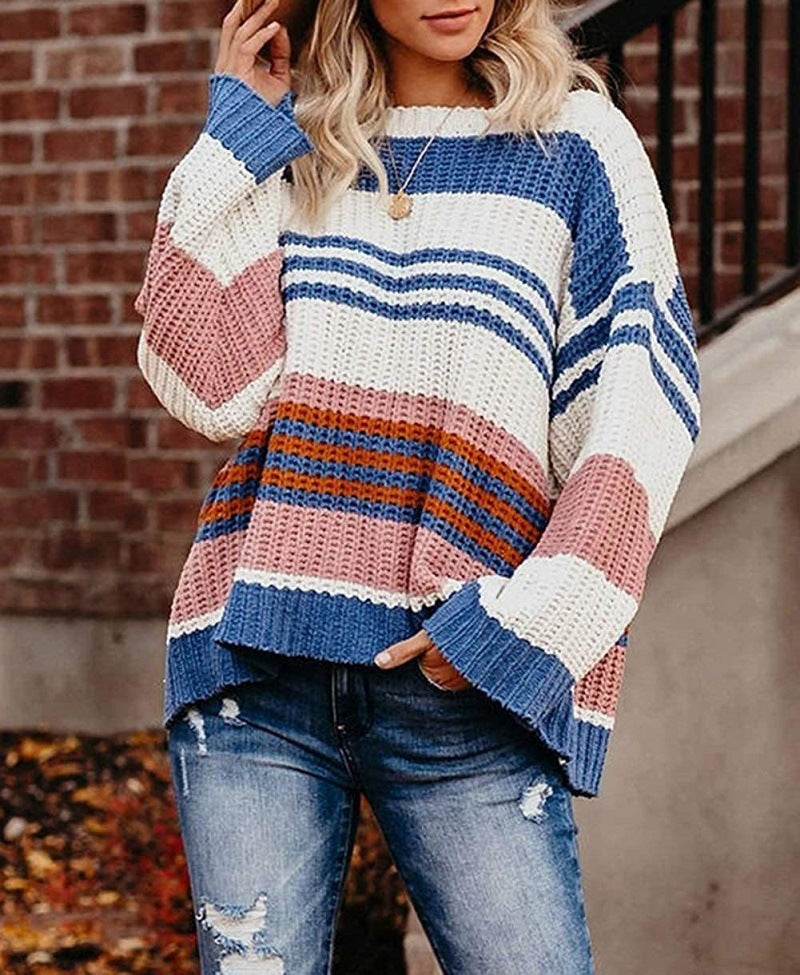 Damen Oversize Waffelstrick-Pullover mit Blockstreifen und überschnittenen Schultern Drune
