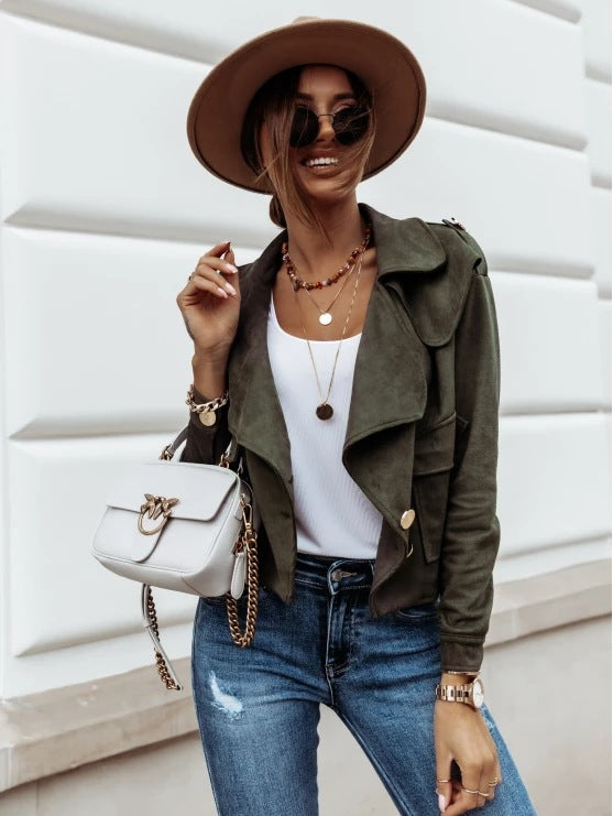 Damen Cropped Velourslederjacke mit weitem Revers und goldenen Zierknöpfen Drune