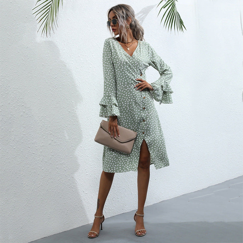 Damen Midi-Wickelkleid im Tupfenmuster mit Volant-Bündchen & Taillenkordel Drune