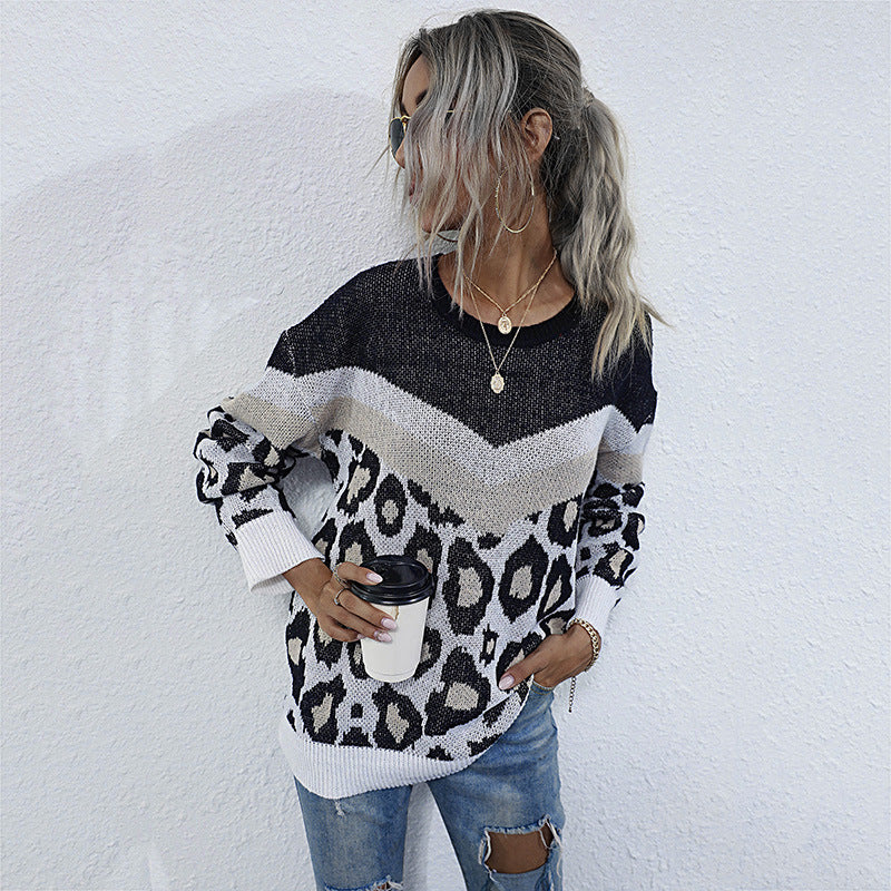 Damen Oversize-Feinstrickpullover mit Chevron-Detail und abstraktem Leoprint Drune