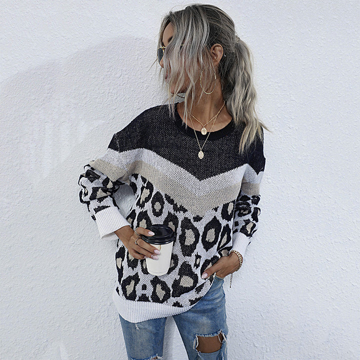 Damen Oversize-Feinstrickpullover mit Chevron-Detail und abstraktem Leoprint Drune