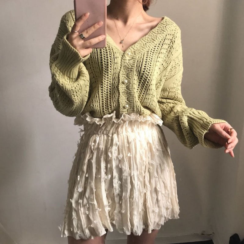 Damen lockere Strickjacke mit elegantem Zopfmuster und großen Knöpfen Drune