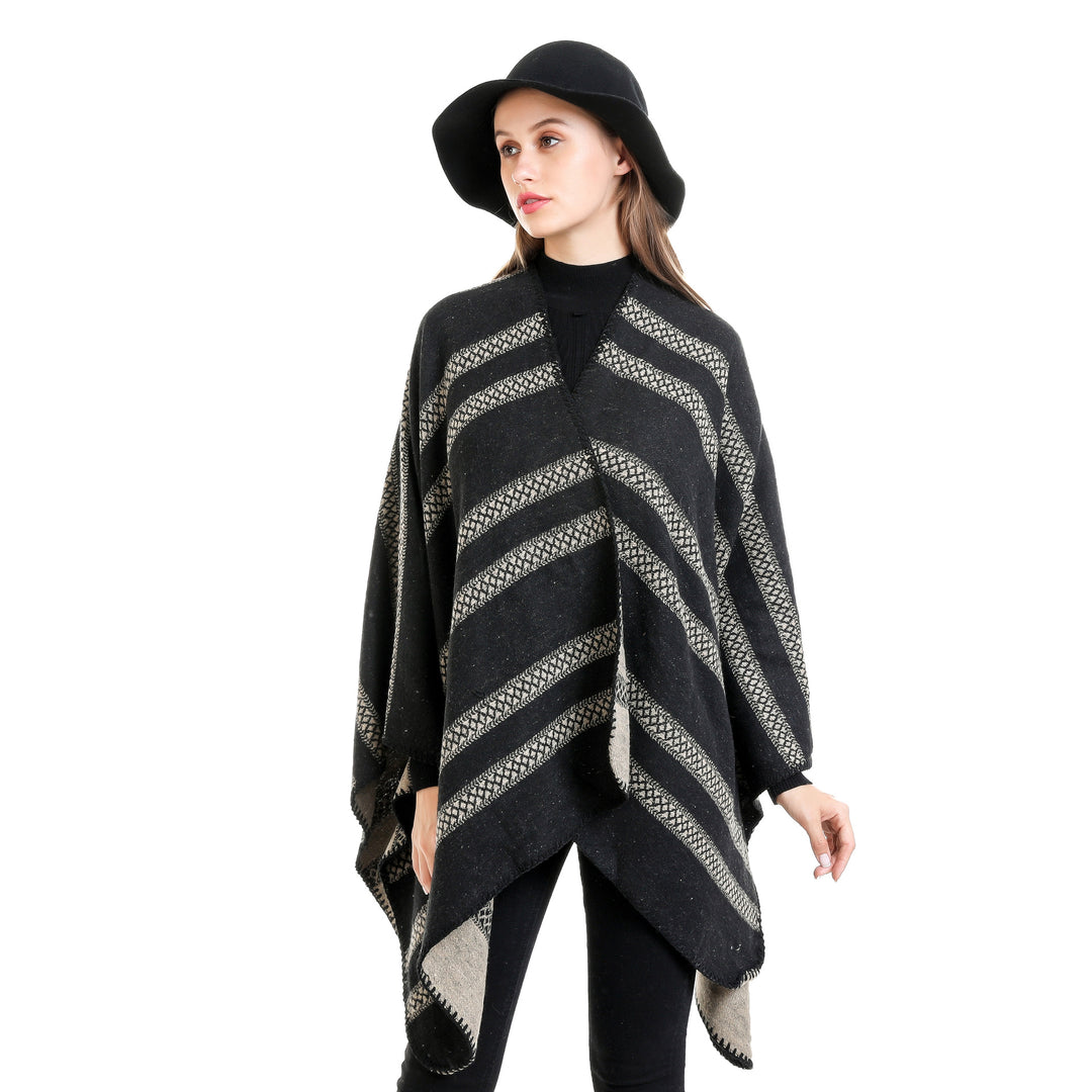 Damen Oversize-Ruana mit grafischen Längs‑Jacquardstreifen und offenem Kimono‑Fall Drune