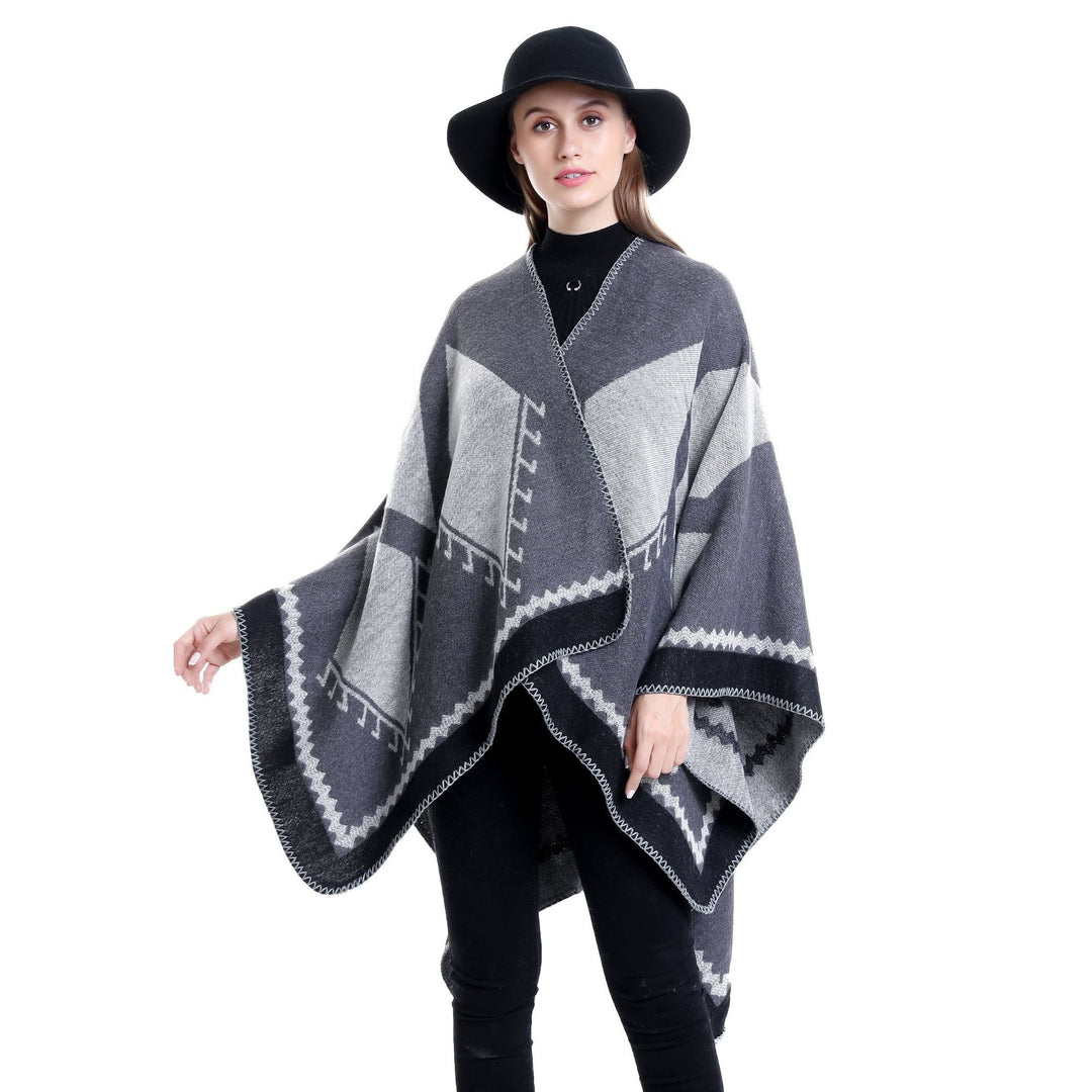 Damen Oversize-Ruana im Ethno-Jacquard mit V-Ausschnitt Drune