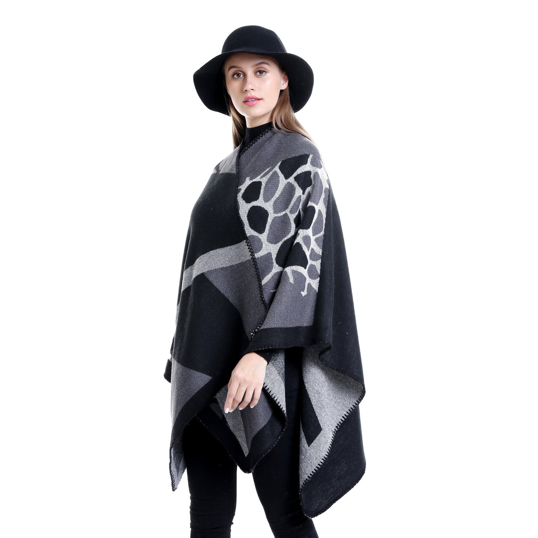 Damen Ruana-Überwurf mit geometrisch-animalischem Jacquard und Ziernaht Drune