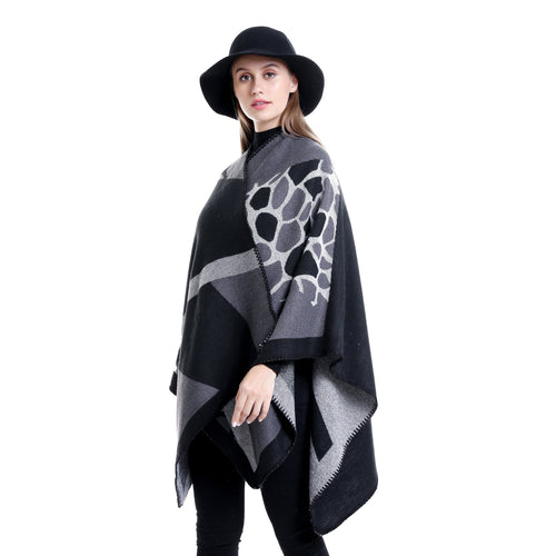 Damen Ruana-Überwurf mit geometrisch-animalischem Jacquard und Ziernaht Drune