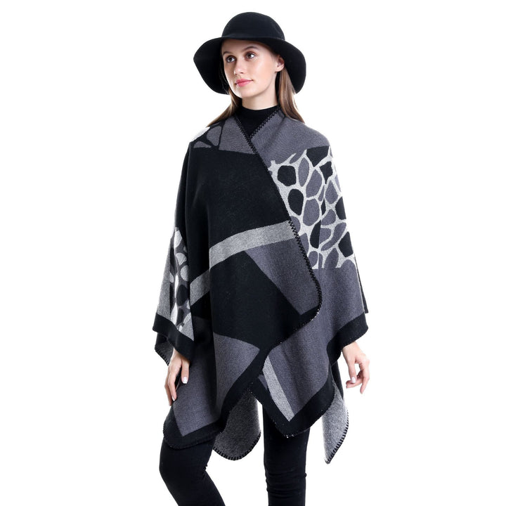 Damen Ruana-Überwurf mit geometrisch-animalischem Jacquard und Ziernaht Drune