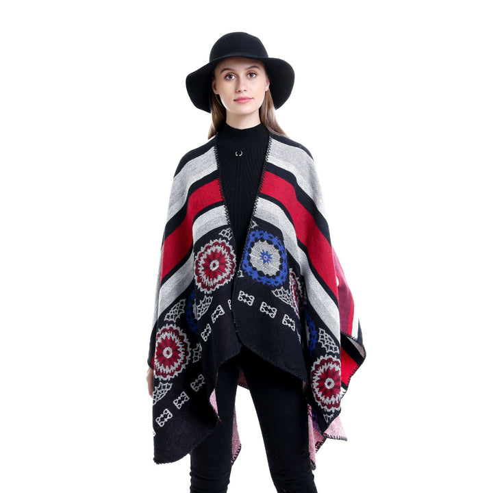 Damen Oversize-Ruana-Poncho mit V-Ausschnitt und ornamentaler Jacquard-Webung Drune