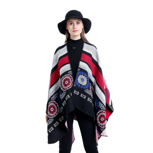 Damen Oversize-Ruana-Poncho mit V-Ausschnitt und ornamentaler Jacquard-Webung Drune