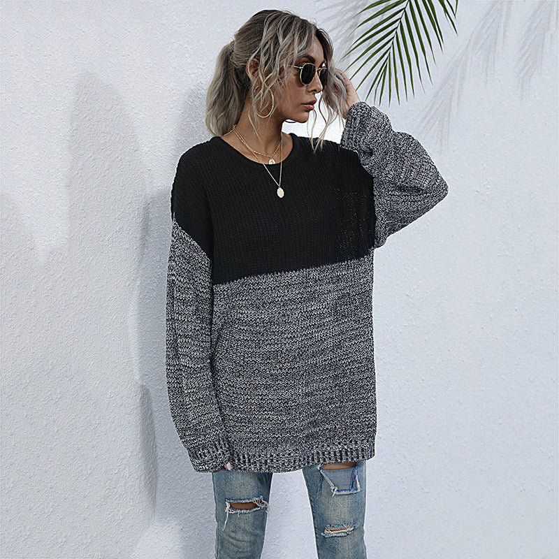 Damen Oversize-Strickpullover im Melange-Blockdesign mit Rundhalsausschnitt & verlängertem Saum Drune
