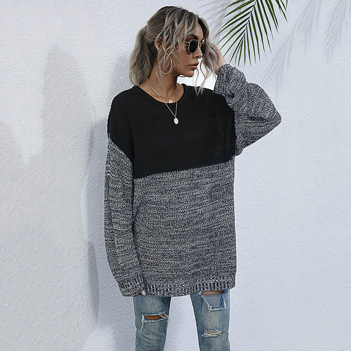 Damen Oversize-Strickpullover im Melange-Blockdesign mit Rundhalsausschnitt & verlängertem Saum Drune