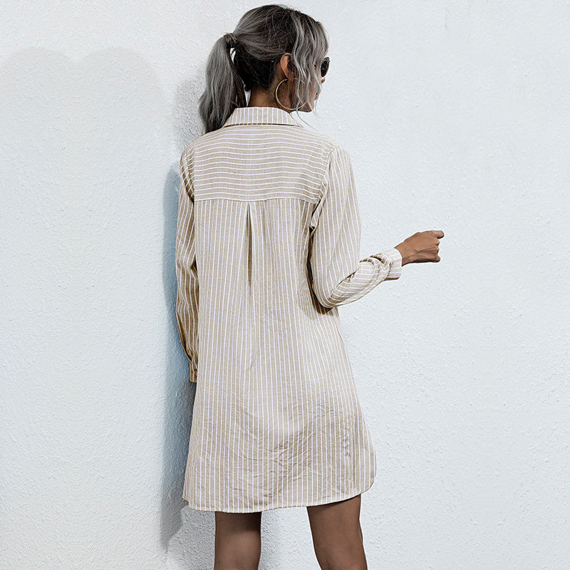 Damen Gestreiftes Hemdblusenkleid mit Schnürvorderteil, Langarm & Seitenschlitzen Drune