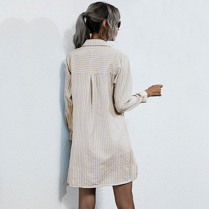 Damen Gestreiftes Hemdblusenkleid mit Schnürvorderteil, Langarm & Seitenschlitzen Drune