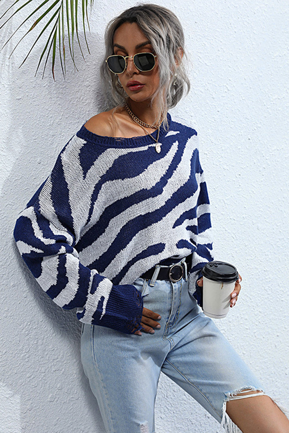 Drune Gestreifter Print Gestrickter Rundhalsausschnitt Pullover