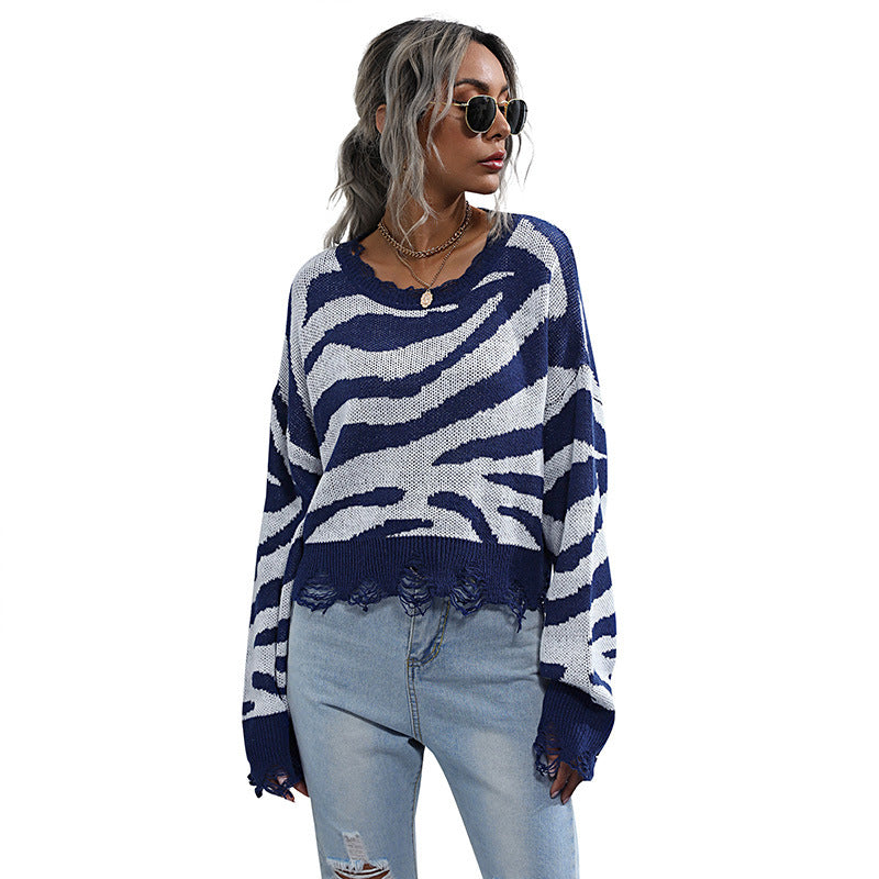 Damen Oversize-Strickpullover mit ZDruneramuster, destroyed Saum & weitem Schnitt Drune