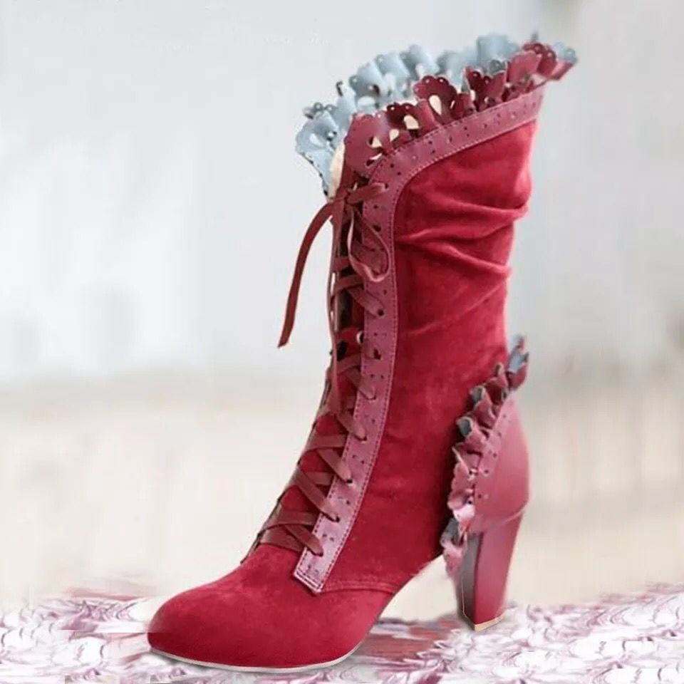 Damen Schnür‑Stiefelette mit Rüschenbesatz und mittelhohem Blockabsatz Drune