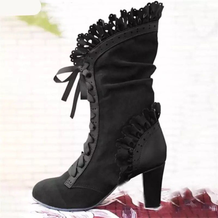 Damen Schnür‑Stiefelette mit Rüschenbesatz und mittelhohem Blockabsatz Drune
