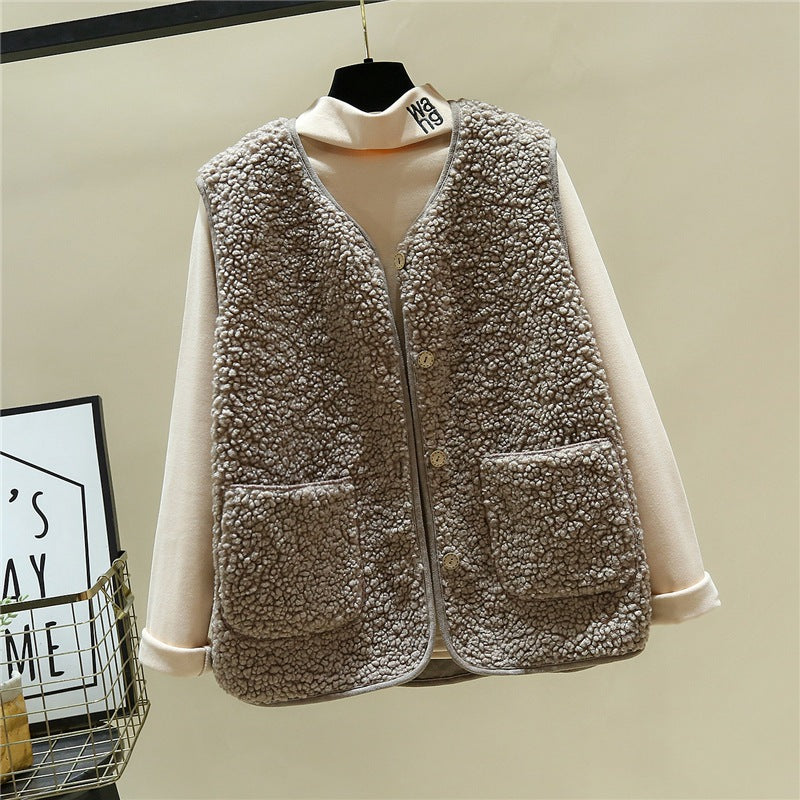 Damen kuschelige Teddyweste mit Druckknopf und aufgesetzten Taschen Drune