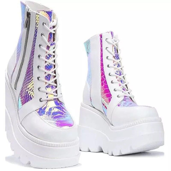 Damen nan Plateau-Bikerstiefel mit holografischen Einsätzen, Schnürung und seitlichem Reißverschluss Drune