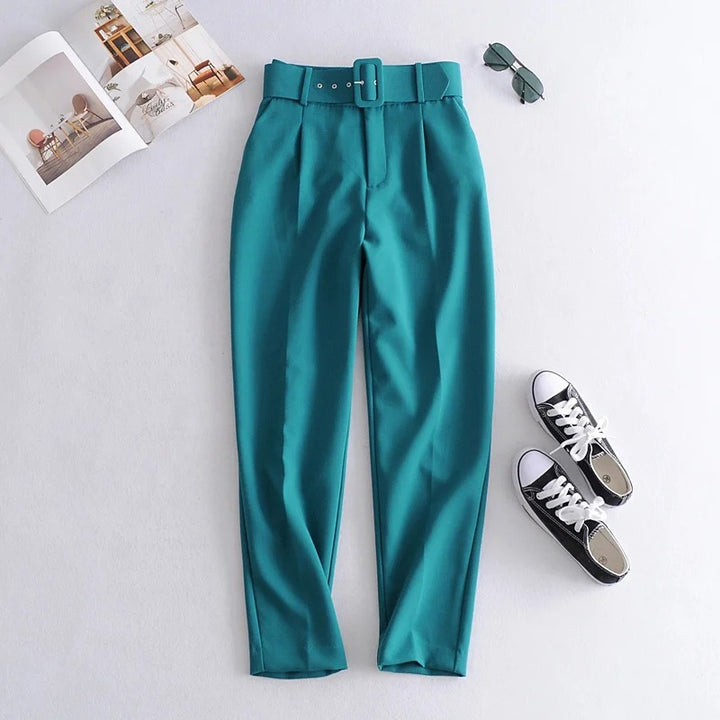 Damen Hochtaillierte Tailored-Hose mit Bundfalten und Stoffgürtel Drune