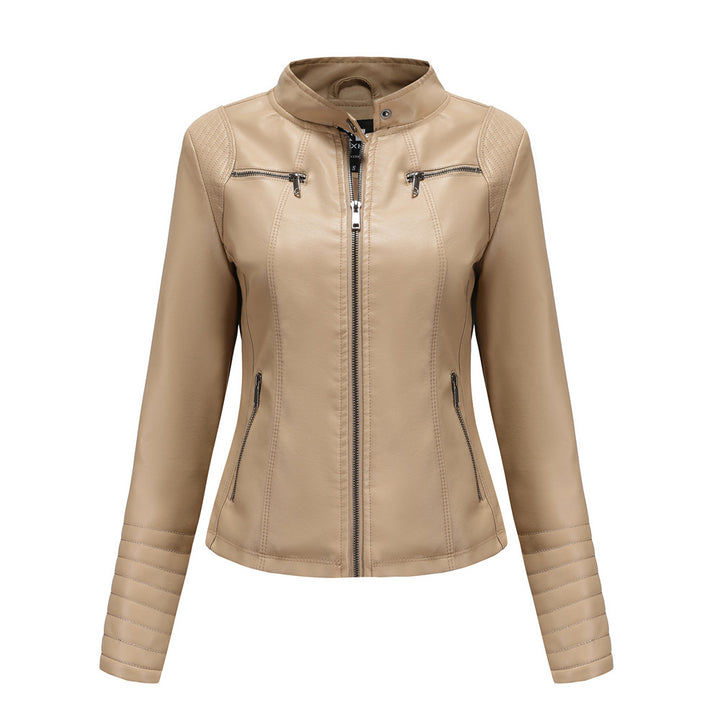 Damen nan taillierte Bikerjacke aus Kunstleder mit Stehkragen und gesteppter Ärmelpartie Drune