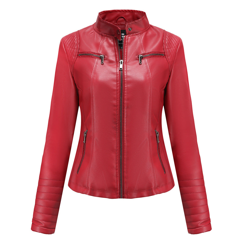 Damen nan taillierte Bikerjacke aus Kunstleder mit Stehkragen und gesteppter Ärmelpartie Drune