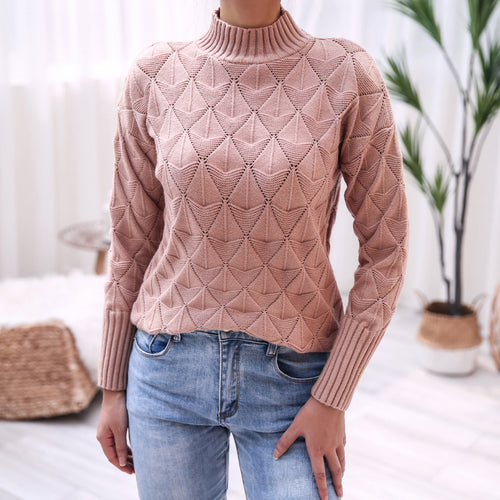 Damen Strickpullover mit modernem Strukturmuster und hohem Kragen Drune