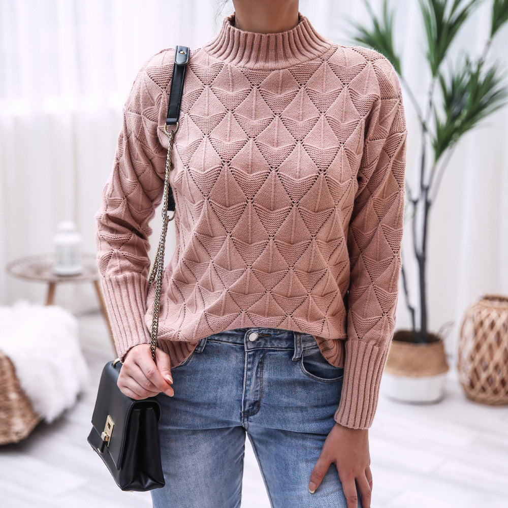 Damen Strickpullover mit modernem Strukturmuster und hohem Kragen Drune