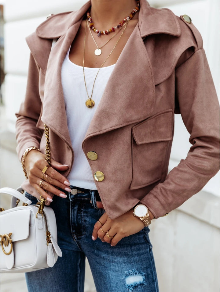 Damen Cropped Velourslederjacke mit weitem Revers und goldenen Zierknöpfen Drune
